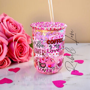 Handmade Pink Glitter Snow Globe Style Glass Coffee Lover Mug 15oz Valentines